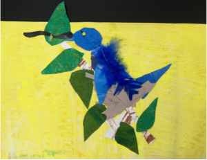 blue bird that looks feathery on a yellow background with green leaves