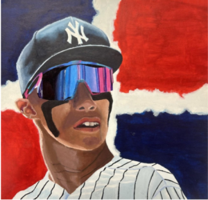 painting of a Yankees baseball player wearing his uniform and cool sunglasses