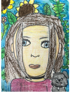 self portrait of second grader with sunflowers behind her and a cat near her shoulder