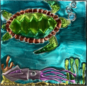 artwork with turtle underwater - the colors are greens and blues and purples and it is shiny