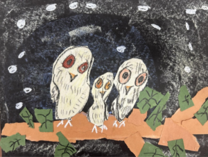 artwork of three owls that look like a family