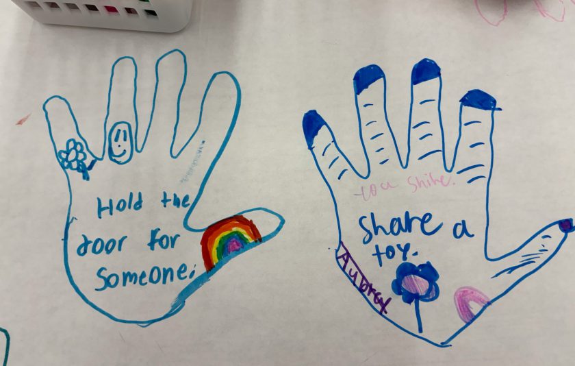 two hands traced with marker and decorated with kind sayings