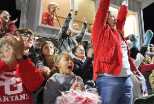 crowd cheers on bleachers