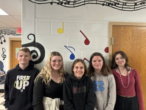 students standing in front of a wall with music notes